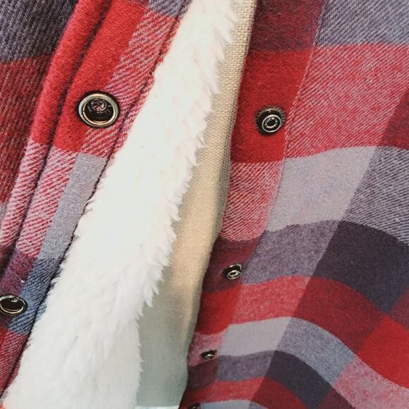 EDDIE BAUER PLAID SNAP DOWN BLUE/CRANBERRY NEW FLEECE LINED SIZE LARGE - Picture 4 of 9